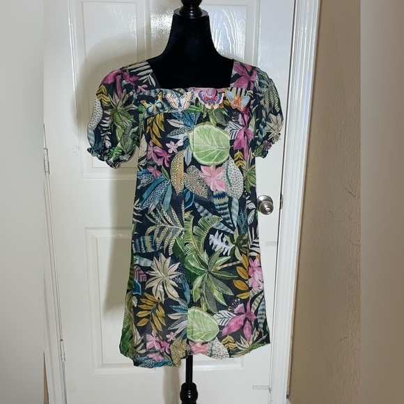 Johnny Was Workshop Tropical Puff Sleeve Tunic Dress in Green Multicolor XS‌‌‌‌ - Picture 3 of 12